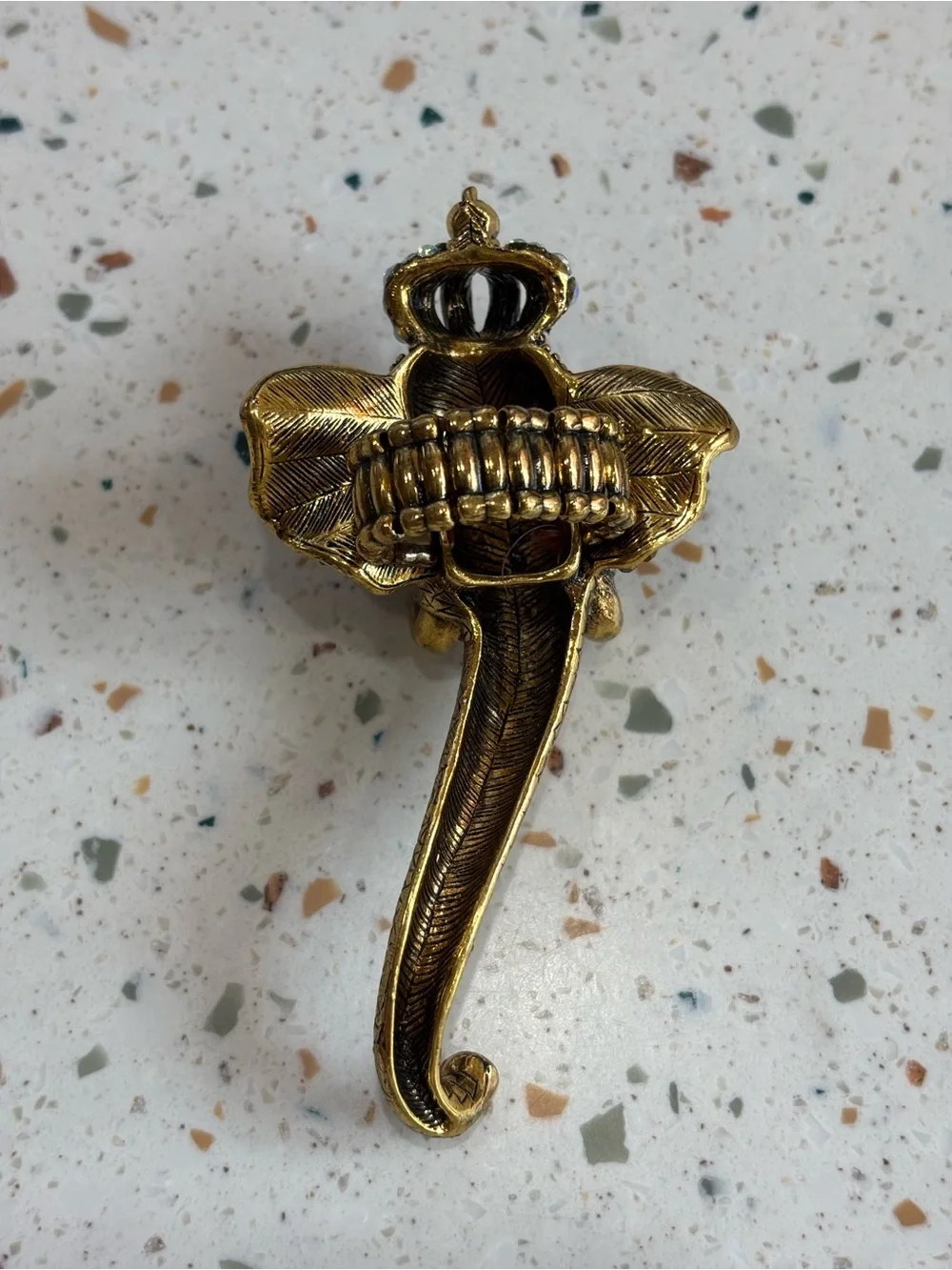 Chunky Large Jeweled Elephant Trunk Ring - Gold with Crystals Costume Jewelry